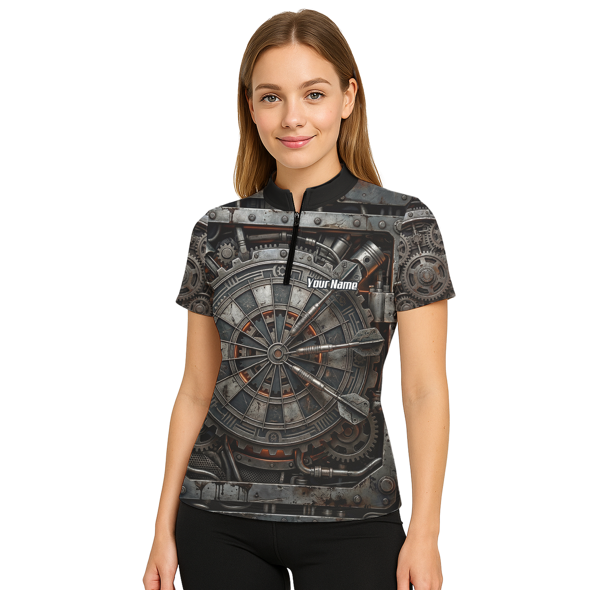 Personalised Women's Mechanical Industrial Gear Dart Jersey Custom Name Team Polo Shirt Grey Black W2120