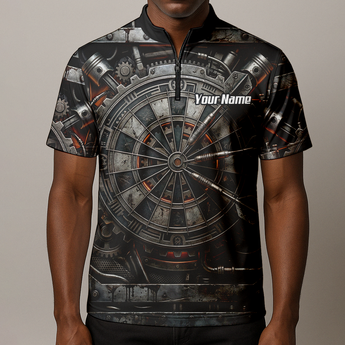 Personalised Men's Mechanical Industrial Gear Dart Jersey Custom Name Team Polo Shirt Grey Black W2120