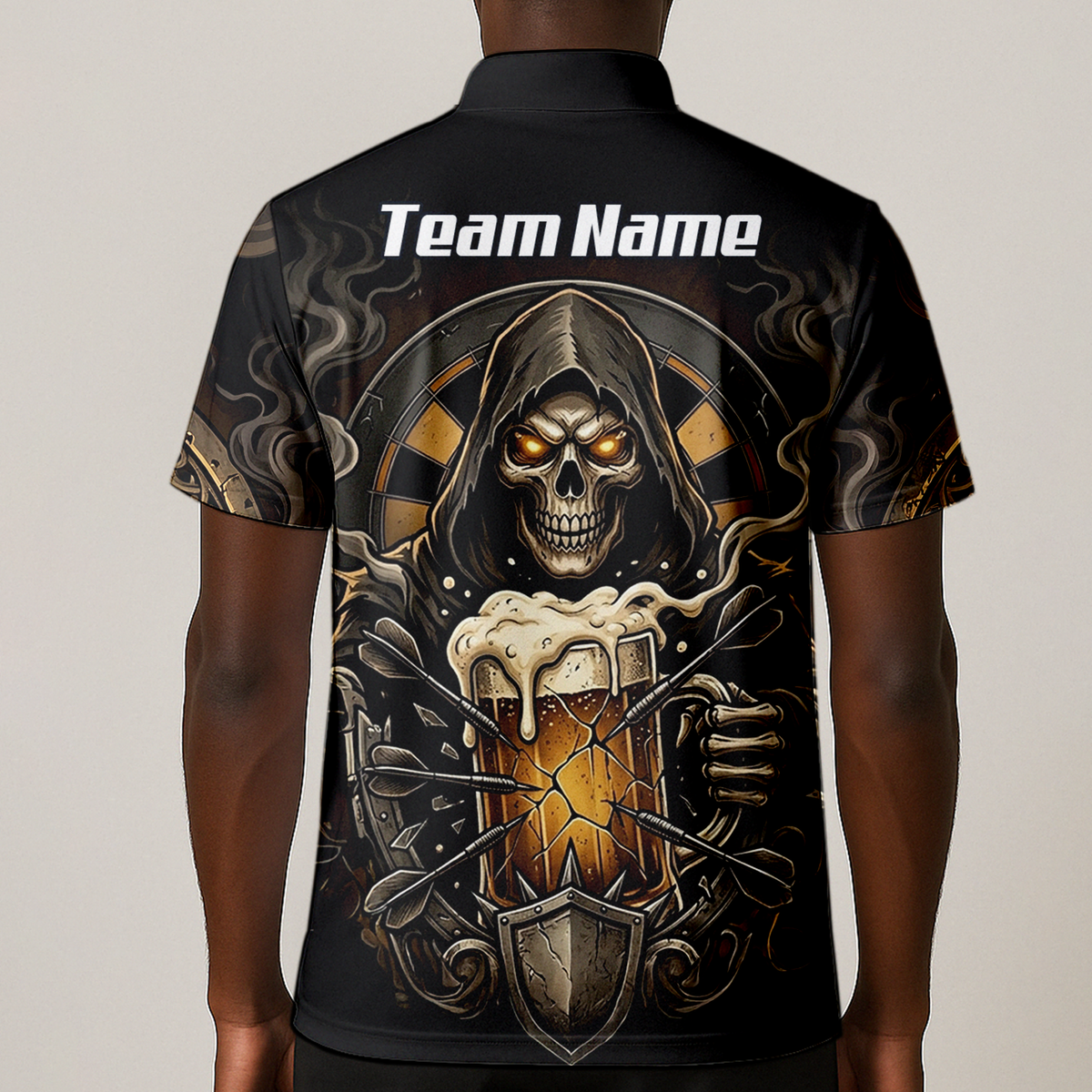 Personalised Reaper Skeleton Beer Dart Jersey for Men Custom Name Team Darts Polo Shirt Black Gold W5988
