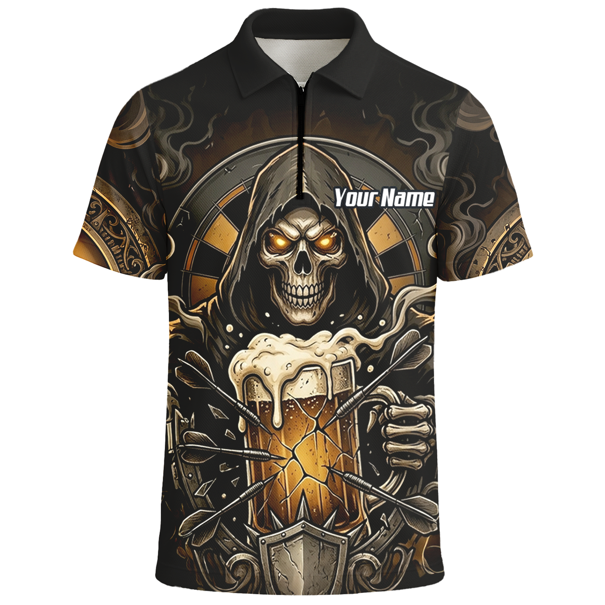 Personalised Reaper Skeleton Beer Dart Jersey for Men Custom Name Team Darts Polo Shirt Black Gold W5988