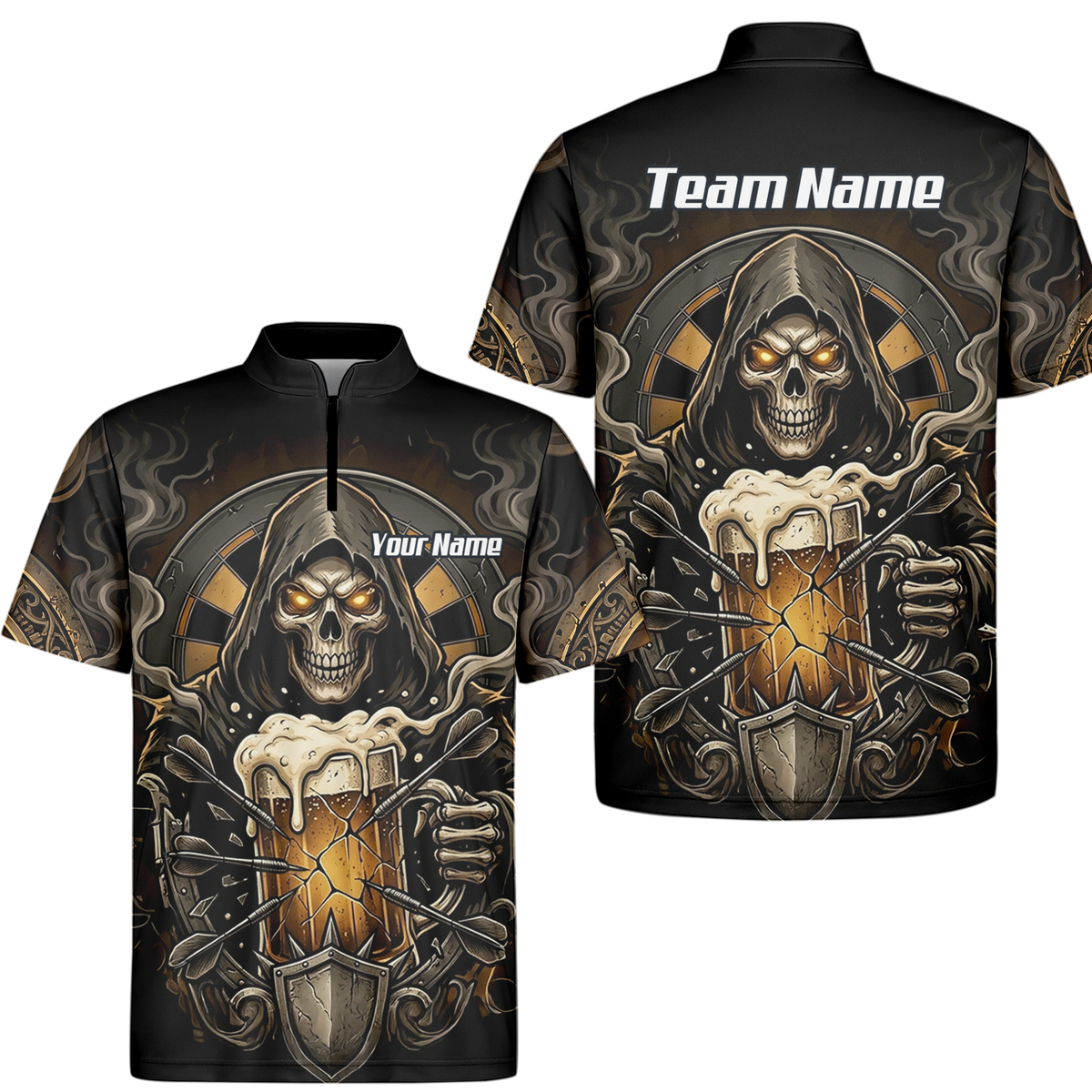 Personalised Reaper Skeleton Beer Dart Jersey for Men Custom Name Team Darts Polo Shirt Black Gold W5988