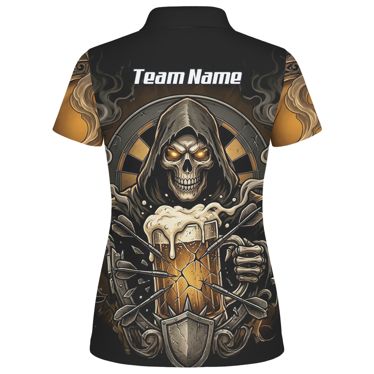Personalised Reaper Skeleton Beer Dart Jersey for Women Custom Name Team Darts Polo Shirt Black Gold W5988