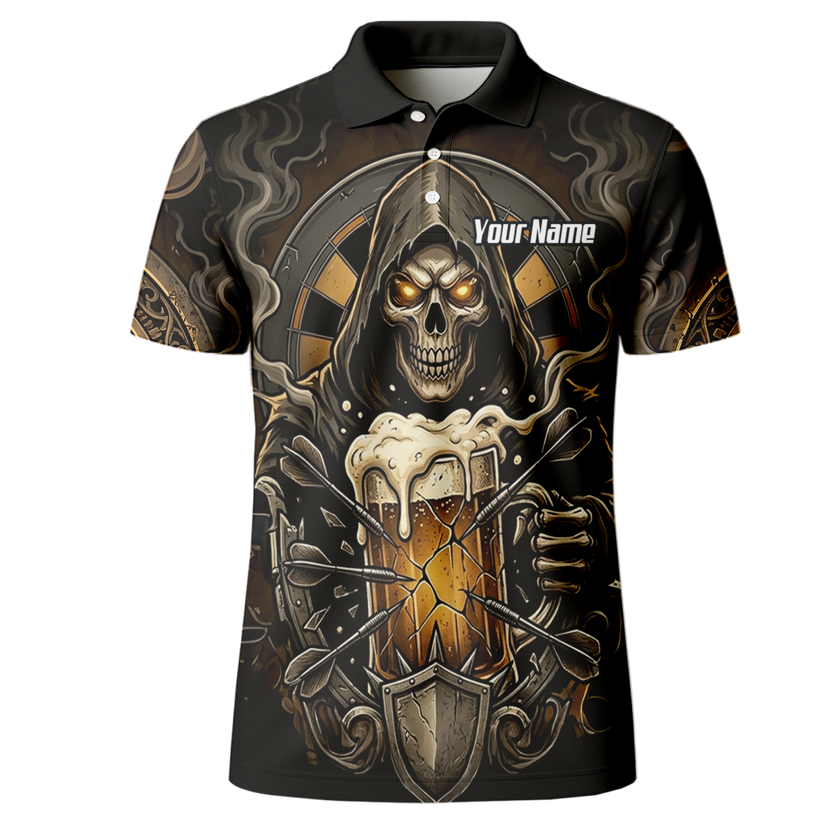 Personalised Reaper Skeleton Beer Dart Jersey for Men Custom Name Team Darts Polo Shirt Black Gold W5988