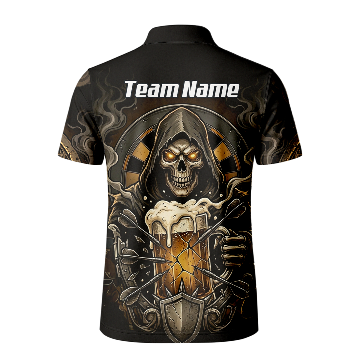 Personalised Reaper Skeleton Beer Dart Jersey for Men Custom Name Team Darts Polo Shirt Black Gold W5988
