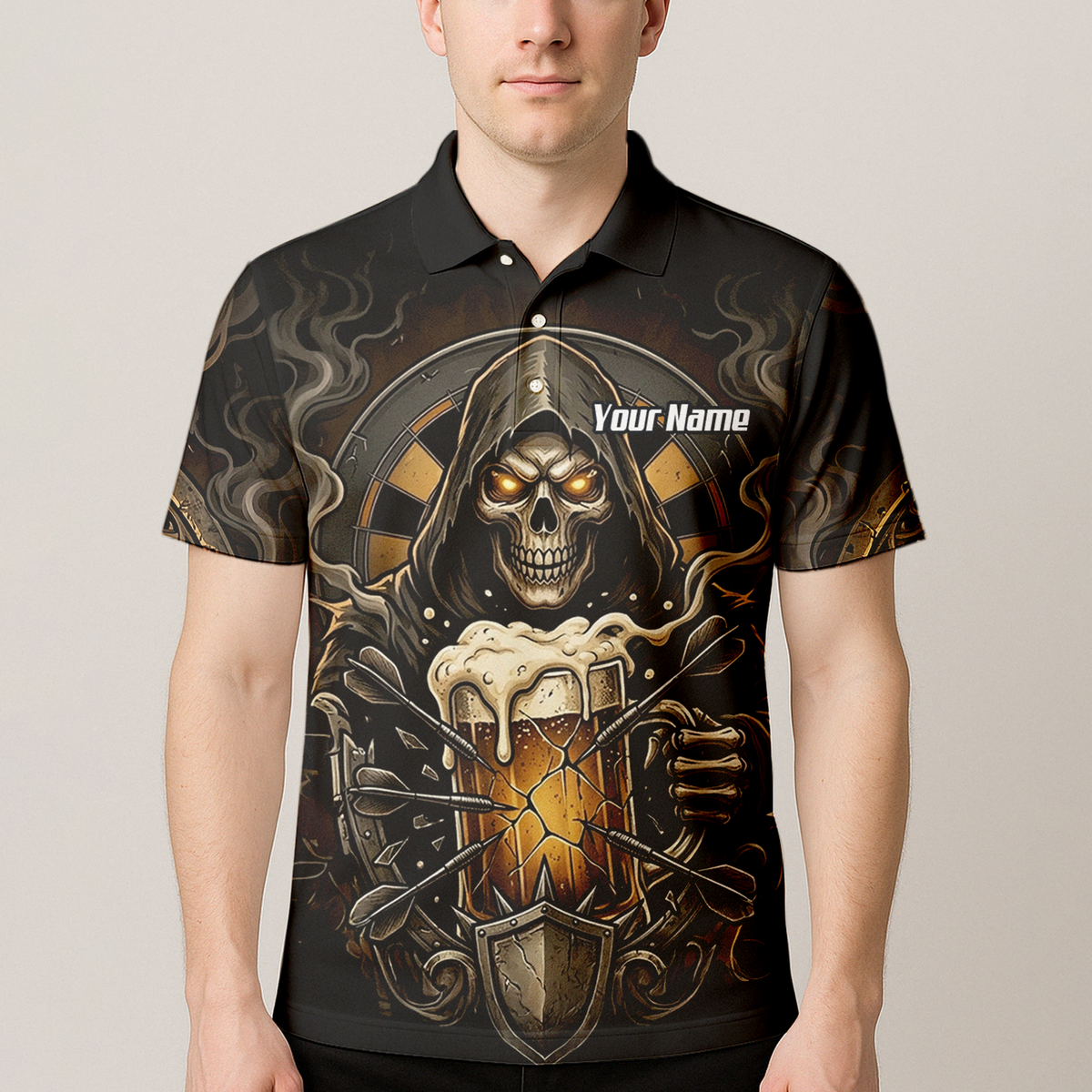 Personalised Reaper Skeleton Beer Dart Jersey for Men Custom Name Team Darts Polo Shirt Black Gold W5988