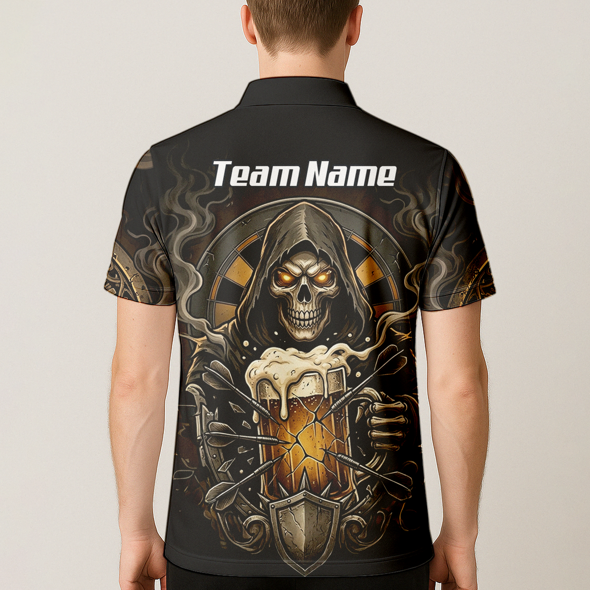 Personalised Reaper Skeleton Beer Dart Jersey for Men Custom Name Team Darts Polo Shirt Black Gold W5988