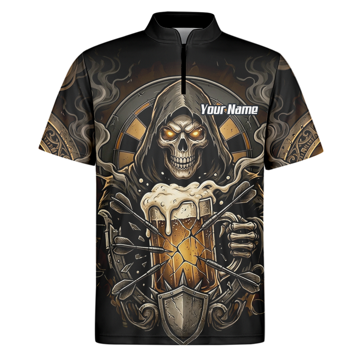 Personalised Reaper Skeleton Beer Dart Jersey for Men Custom Name Team Darts Polo Shirt Black Gold W5988