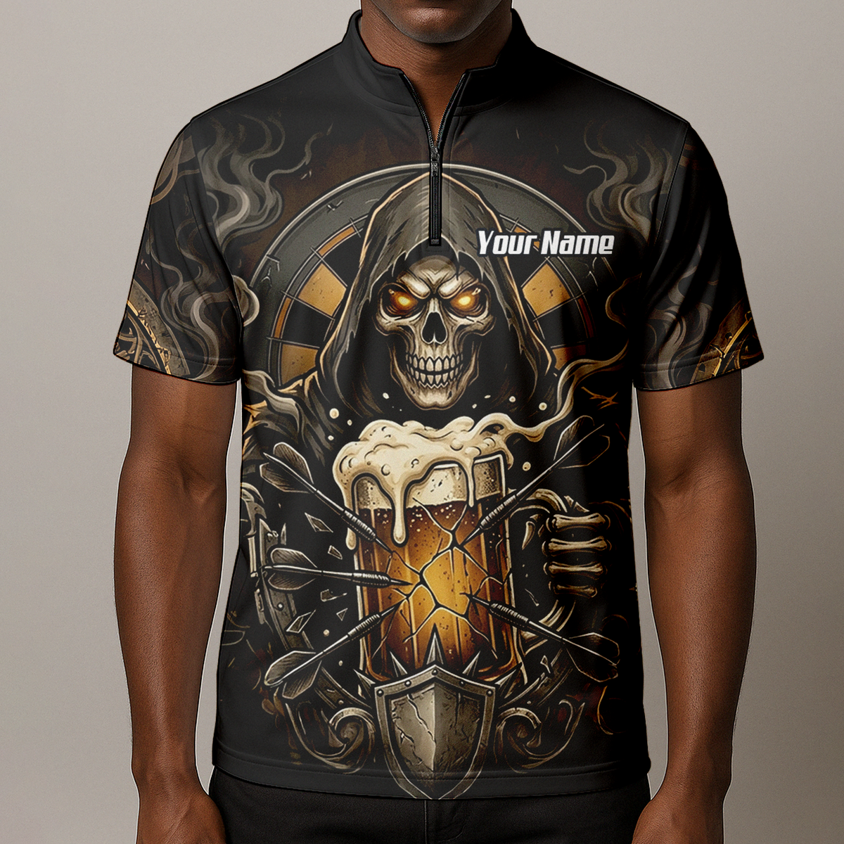 Personalised Reaper Skeleton Beer Dart Jersey for Men Custom Name Team Darts Polo Shirt Black Gold W5988