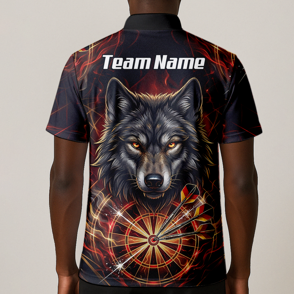 Personalised Men's Wolf Dart Jersey Custom Fire Flame Dartboard Polo Shirt Black Red X2698