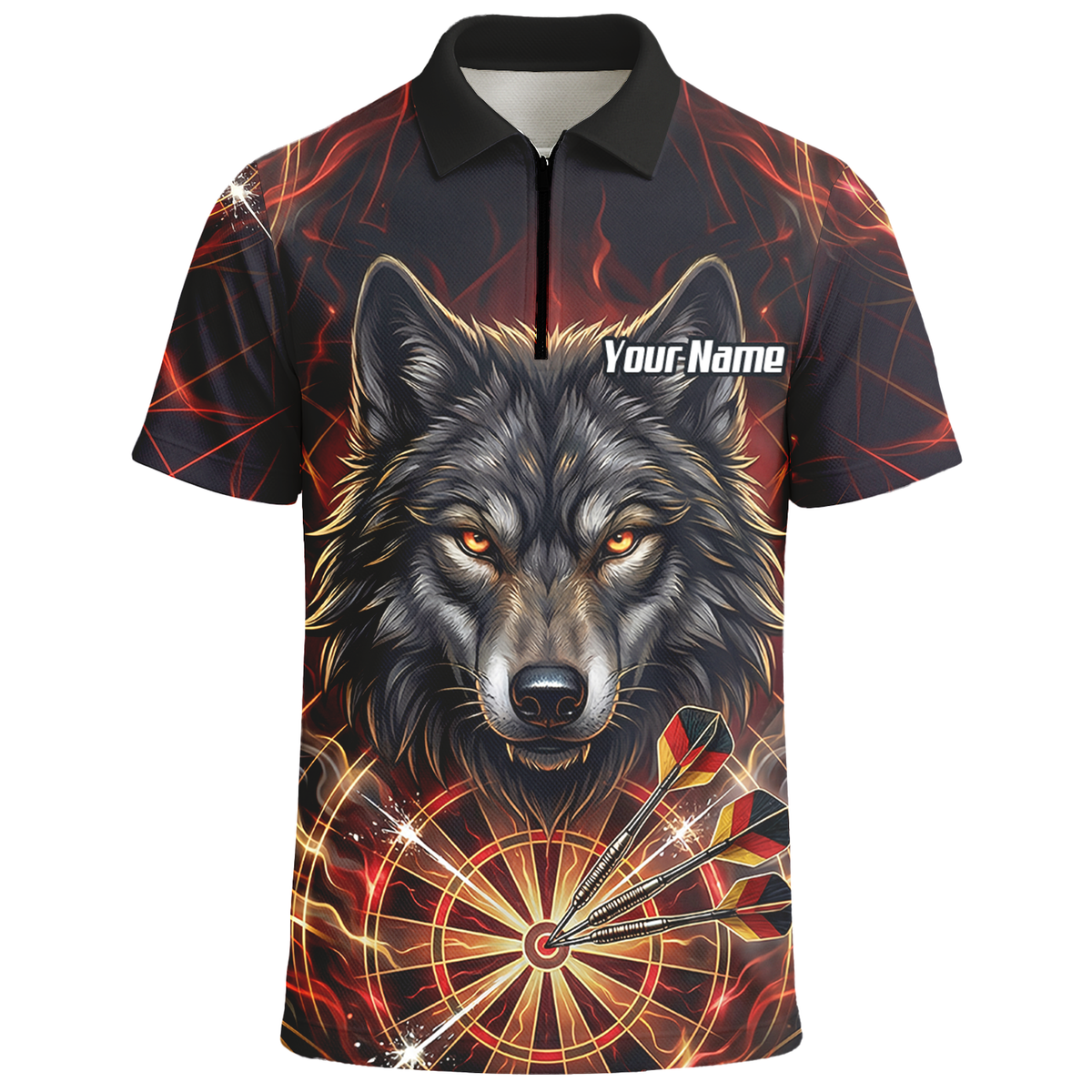 Personalised Men's Wolf Dart Jersey Custom Fire Flame Dartboard Polo Shirt Black Red X2698