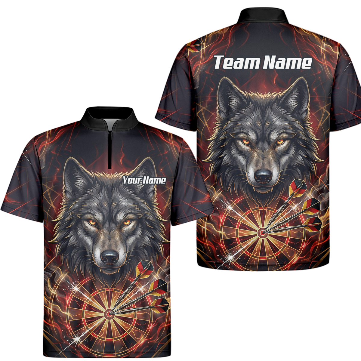 Personalised Men's Wolf Dart Jersey Custom Fire Flame Dartboard Polo Shirt Black Red X2698