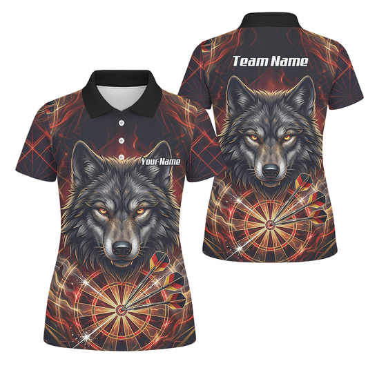 Personalised Women's Wolf Dart Jersey Custom Fire Flame Dartboard Polo Shirt Black Red X2698