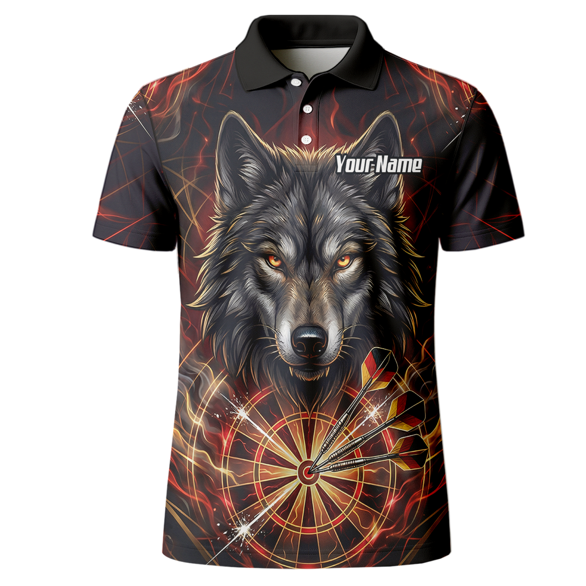 Personalised Men's Wolf Dart Jersey Custom Fire Flame Dartboard Polo Shirt Black Red X2698