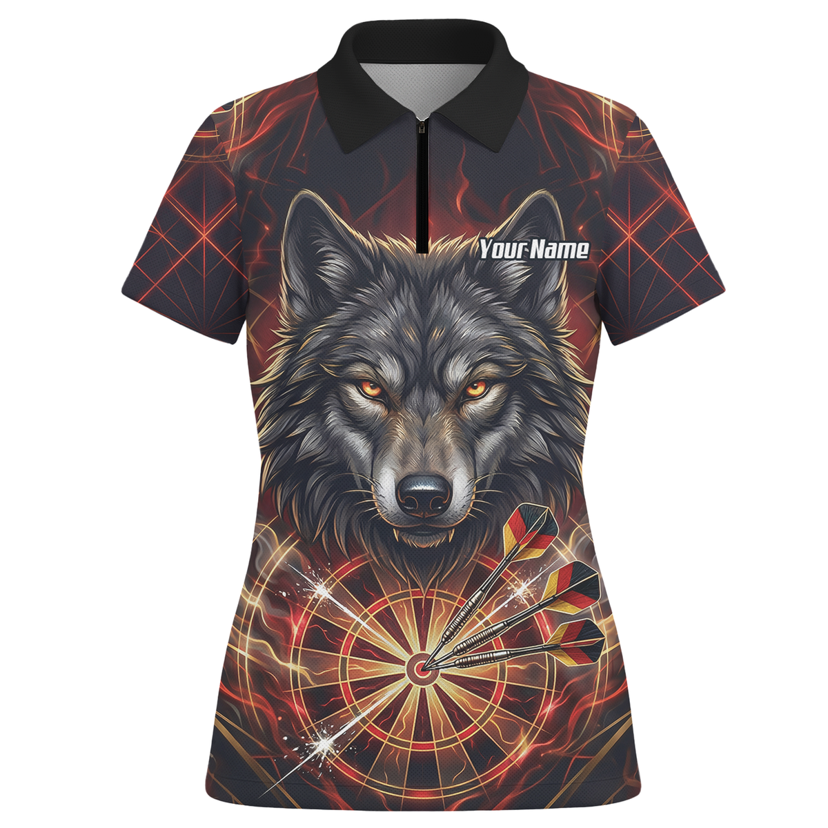 Personalised Women's Wolf Dart Jersey Custom Fire Flame Dartboard Polo Shirt Black Red X2698