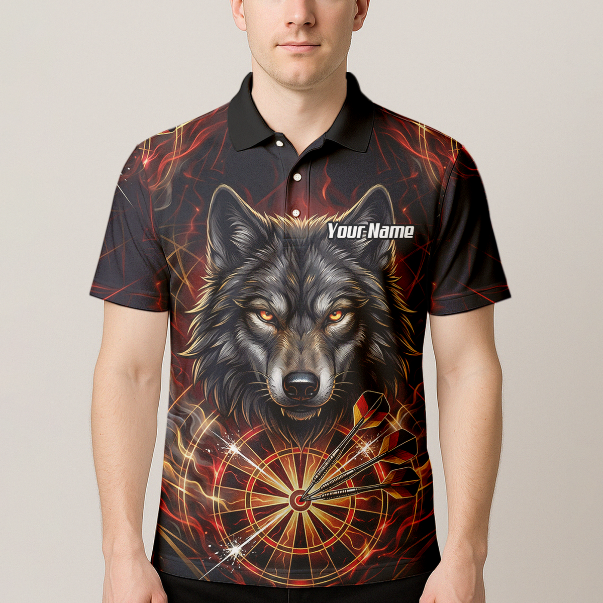 Personalised Men's Wolf Dart Jersey Custom Fire Flame Dartboard Polo Shirt Black Red X2698