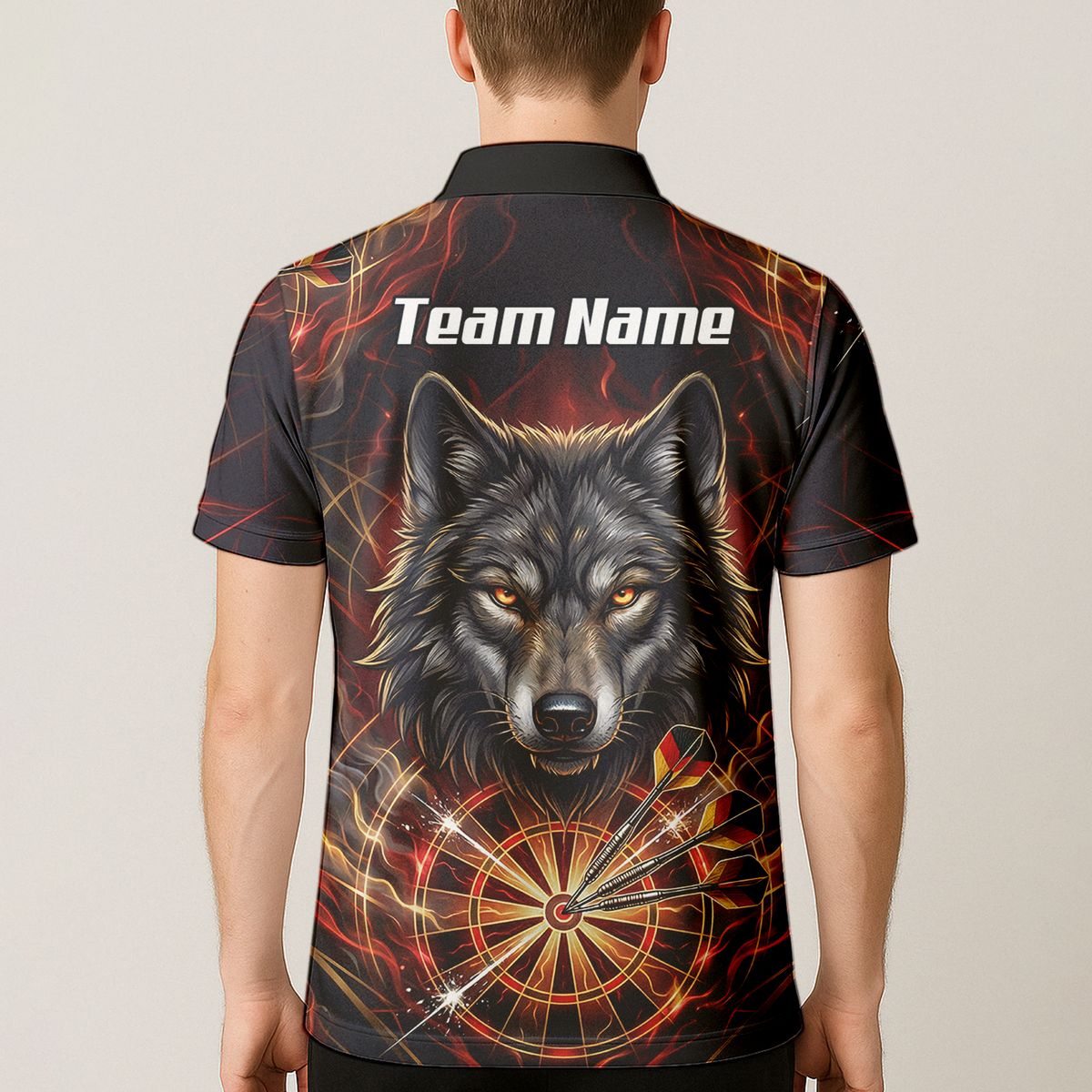 Personalised Men's Wolf Dart Jersey Custom Fire Flame Dartboard Polo Shirt Black Red X2698