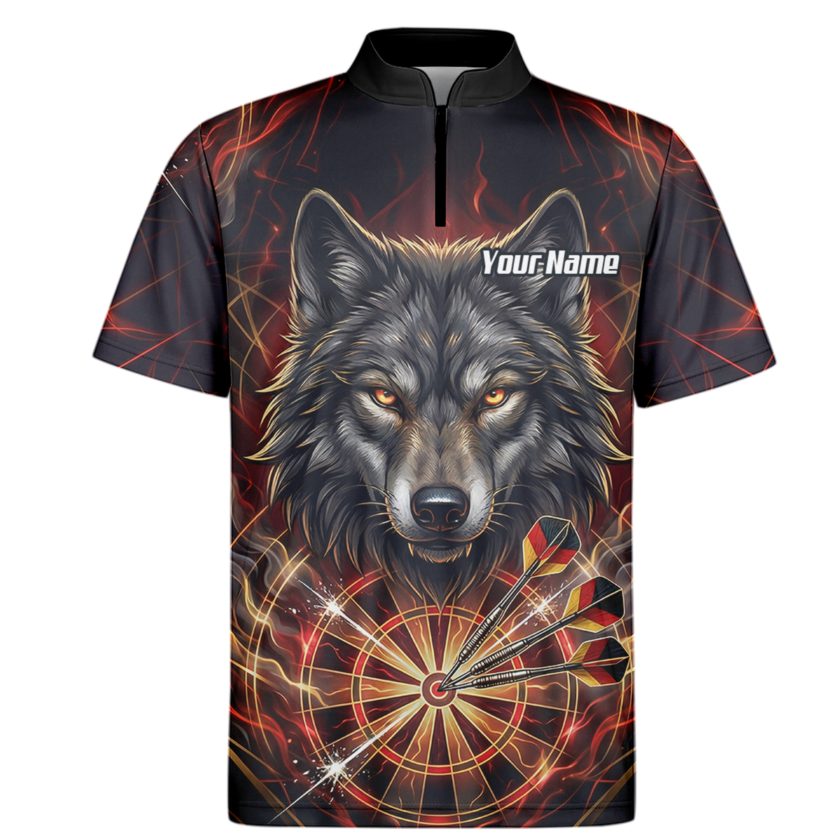 Personalised Men's Wolf Dart Jersey Custom Fire Flame Dartboard Polo Shirt Black Red X2698