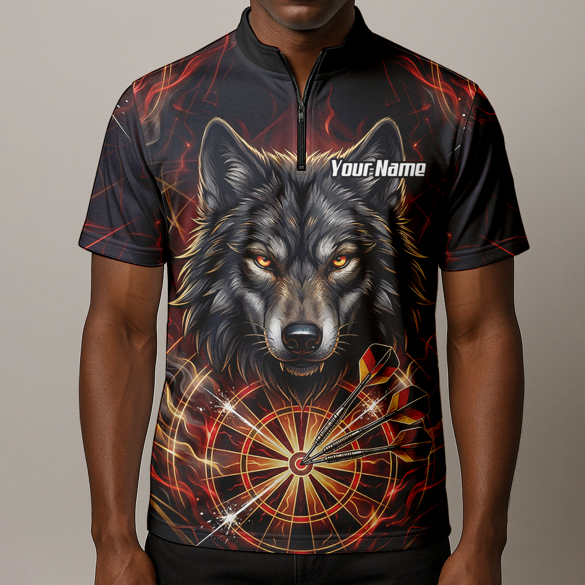 Personalised Men's Wolf Dart Jersey Custom Fire Flame Dartboard Polo Shirt Black Red X2698
