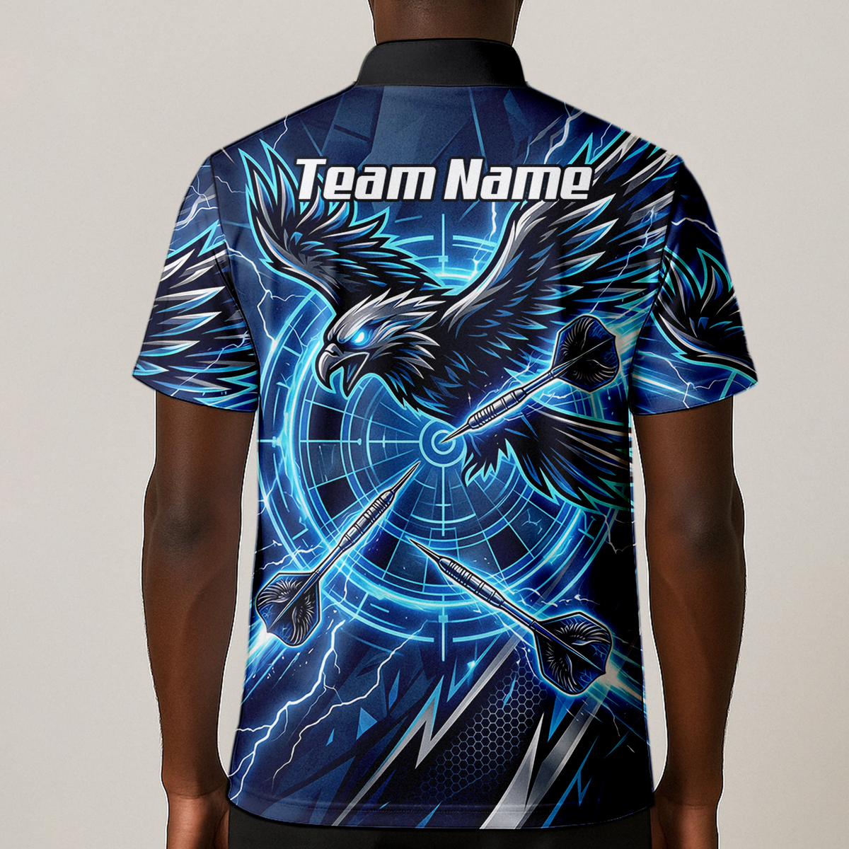 Personalised Blue Eagle Dart Jersey for Men, Custom Name and Team Electric Blue Lightning Sublimated Polo Shirt Y3067