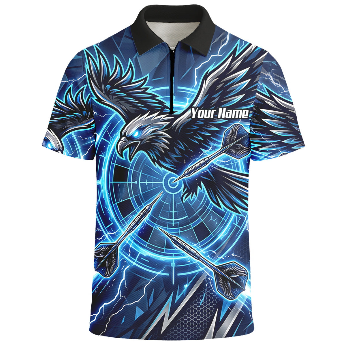 Personalised Blue Eagle Dart Jersey for Men, Custom Name and Team Electric Blue Lightning Sublimated Polo Shirt Y3067