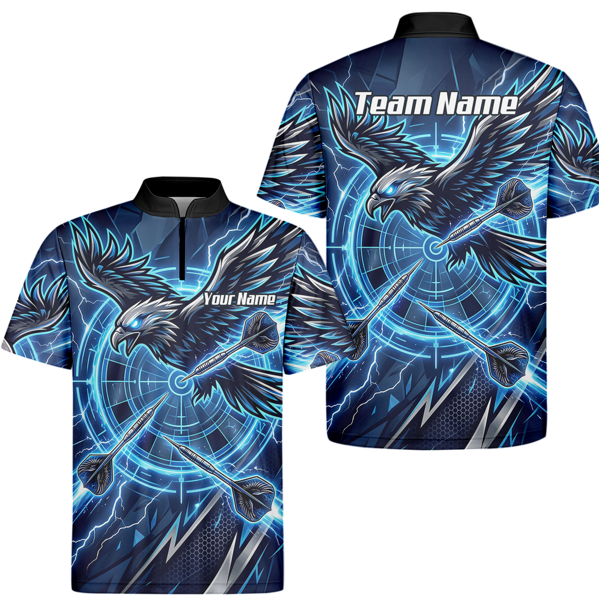 Personalised Blue Eagle Dart Jersey for Men, Custom Name and Team Electric Blue Lightning Sublimated Polo Shirt Y3067