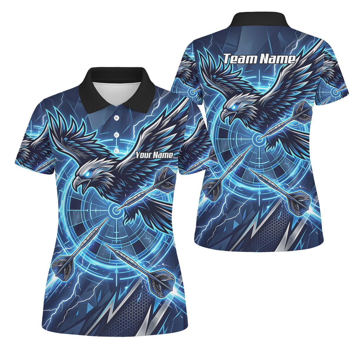 Personalised Blue Eagle Dart Jersey for Women, Custom Name and Team Electric Blue Lightning Sublimated Polo Shirt Y3067