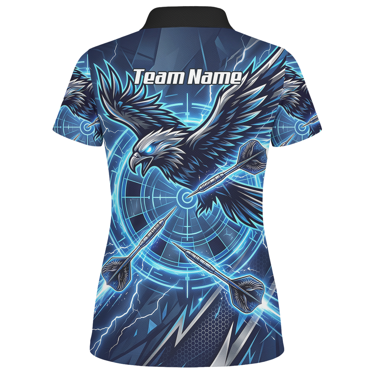 Personalised Blue Eagle Dart Jersey for Women, Custom Name and Team Electric Blue Lightning Sublimated Polo Shirt Y3067