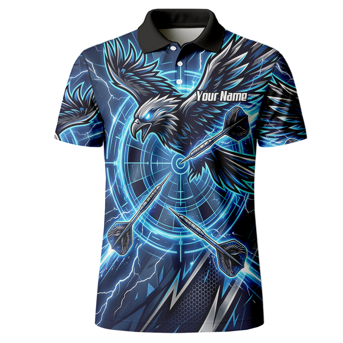 Personalised Blue Eagle Dart Jersey for Men, Custom Name and Team Electric Blue Lightning Sublimated Polo Shirt Y3067