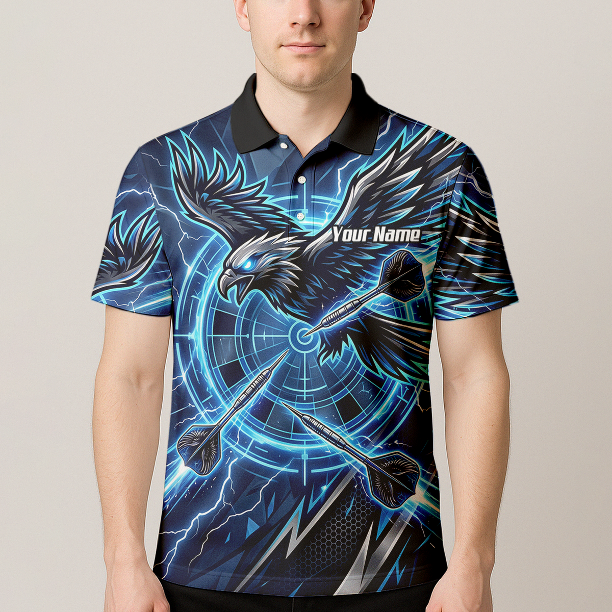 Personalised Blue Eagle Dart Jersey for Men, Custom Name and Team Electric Blue Lightning Sublimated Polo Shirt Y3067