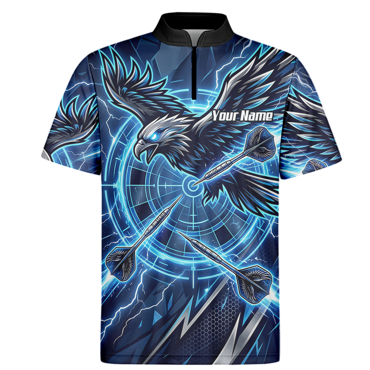 Personalised Blue Eagle Dart Jersey for Men, Custom Name and Team Electric Blue Lightning Sublimated Polo Shirt Y3067