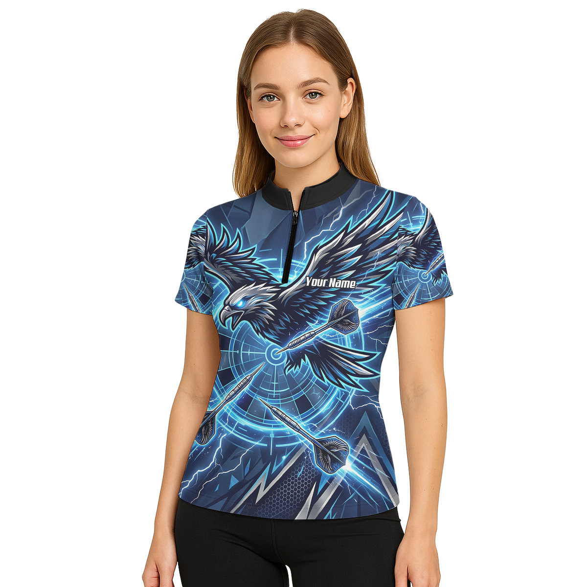 Personalised Blue Eagle Dart Jersey for Women, Custom Name and Team Electric Blue Lightning Sublimated Polo Shirt Y3067