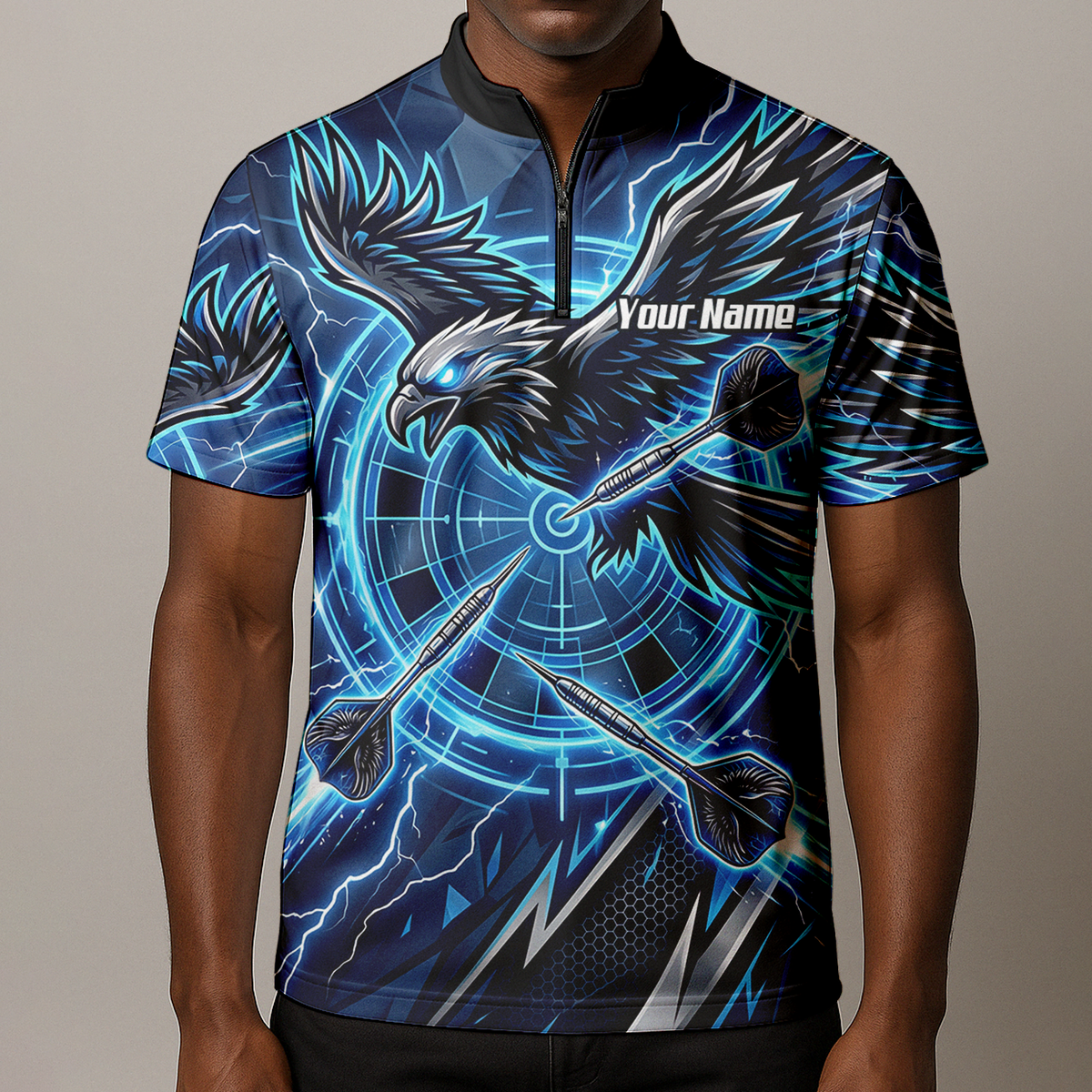 Personalised Blue Eagle Dart Jersey for Men, Custom Name and Team Electric Blue Lightning Sublimated Polo Shirt Y3067