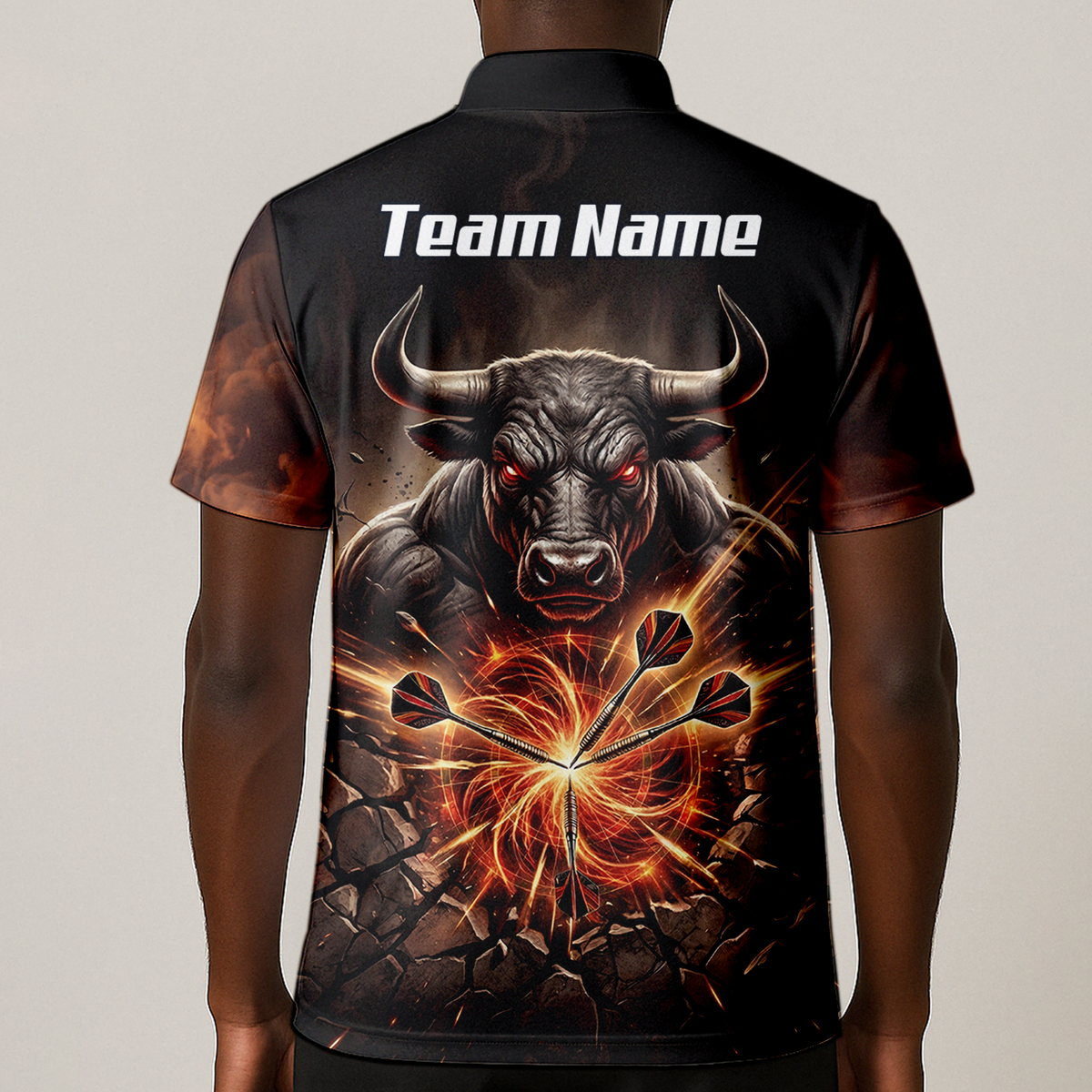Personalised Men's Dart Jersey Custom Name Team Shirt Angry Bull Fire Flame Black Orange Polo Shirt Y4522