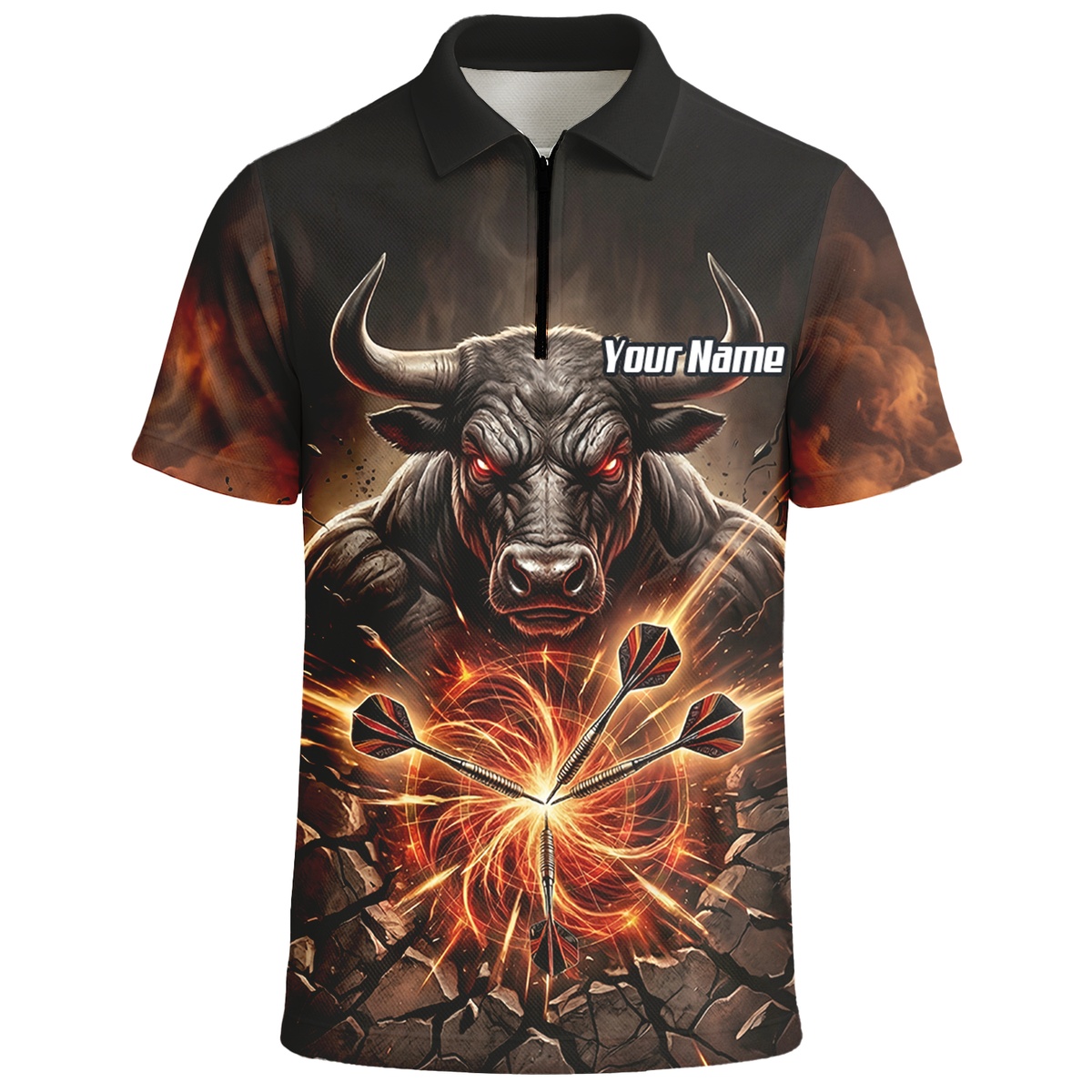 Personalised Men's Dart Jersey Custom Name Team Shirt Angry Bull Fire Flame Black Orange Polo Shirt Y4522