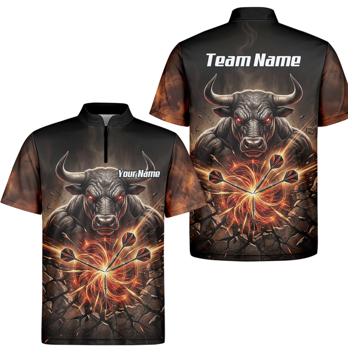 Personalised Men's Dart Jersey Custom Name Team Shirt Angry Bull Fire Flame Black Orange Polo Shirt Y4522