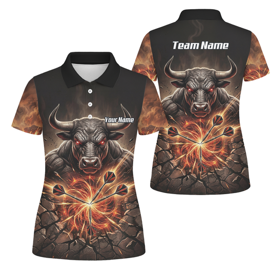 Personalised Women's Dart Jersey Custom Name Team Shirt Angry Bull Fire Flame Black Orange Polo Shirt Y4522