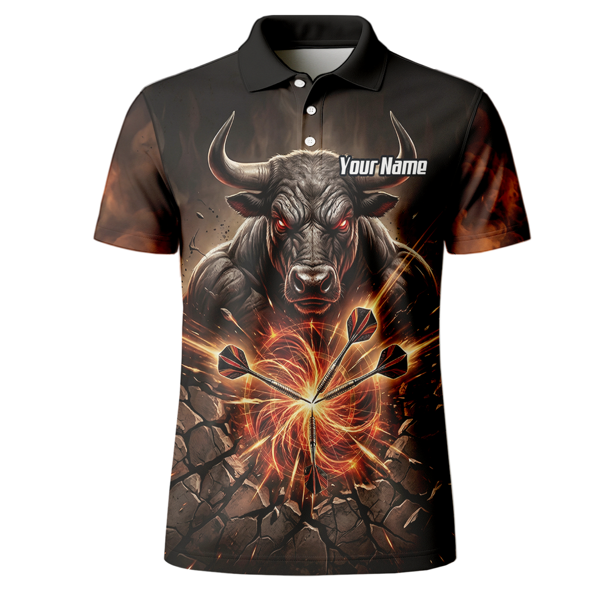 Personalised Men's Dart Jersey Custom Name Team Shirt Angry Bull Fire Flame Black Orange Polo Shirt Y4522