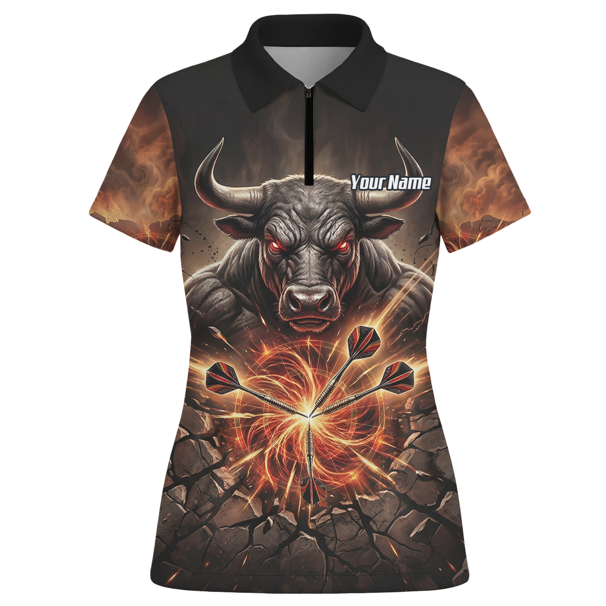 Personalised Women's Dart Jersey Custom Name Team Shirt Angry Bull Fire Flame Black Orange Polo Shirt Y4522
