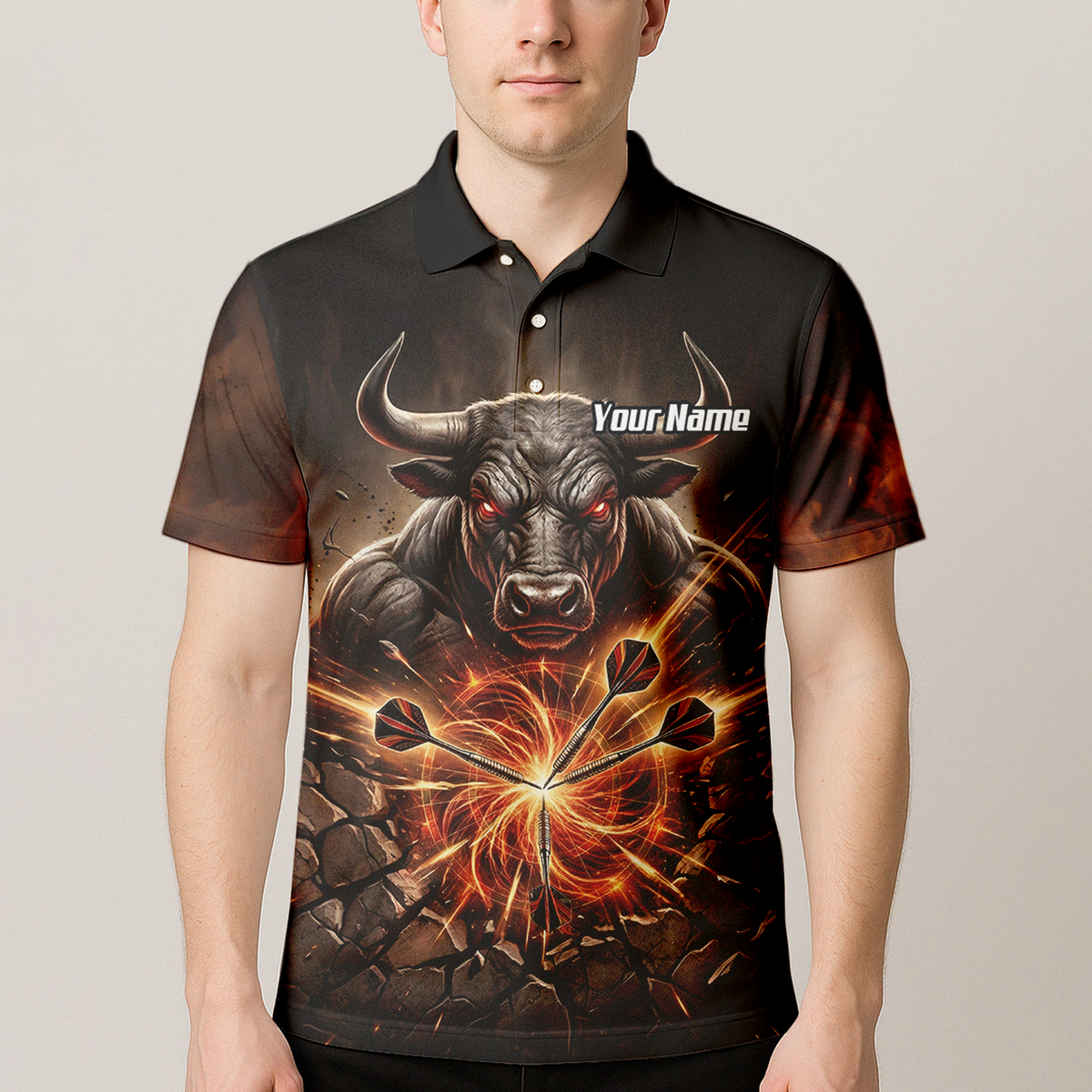 Personalised Men's Dart Jersey Custom Name Team Shirt Angry Bull Fire Flame Black Orange Polo Shirt Y4522