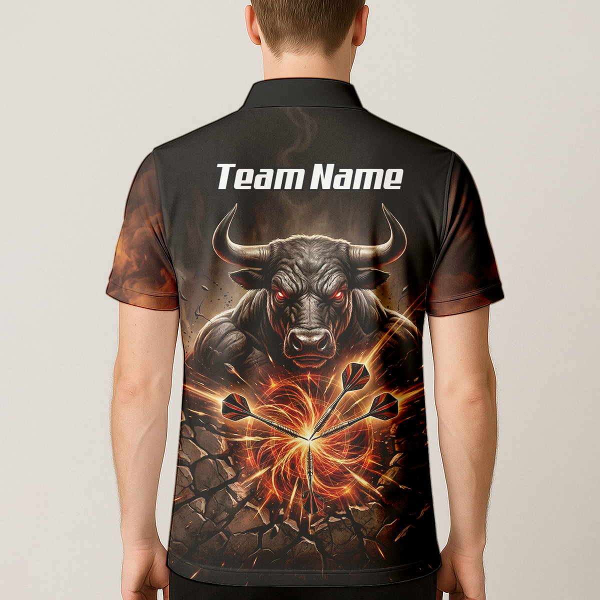 Personalised Men's Dart Jersey Custom Name Team Shirt Angry Bull Fire Flame Black Orange Polo Shirt Y4522