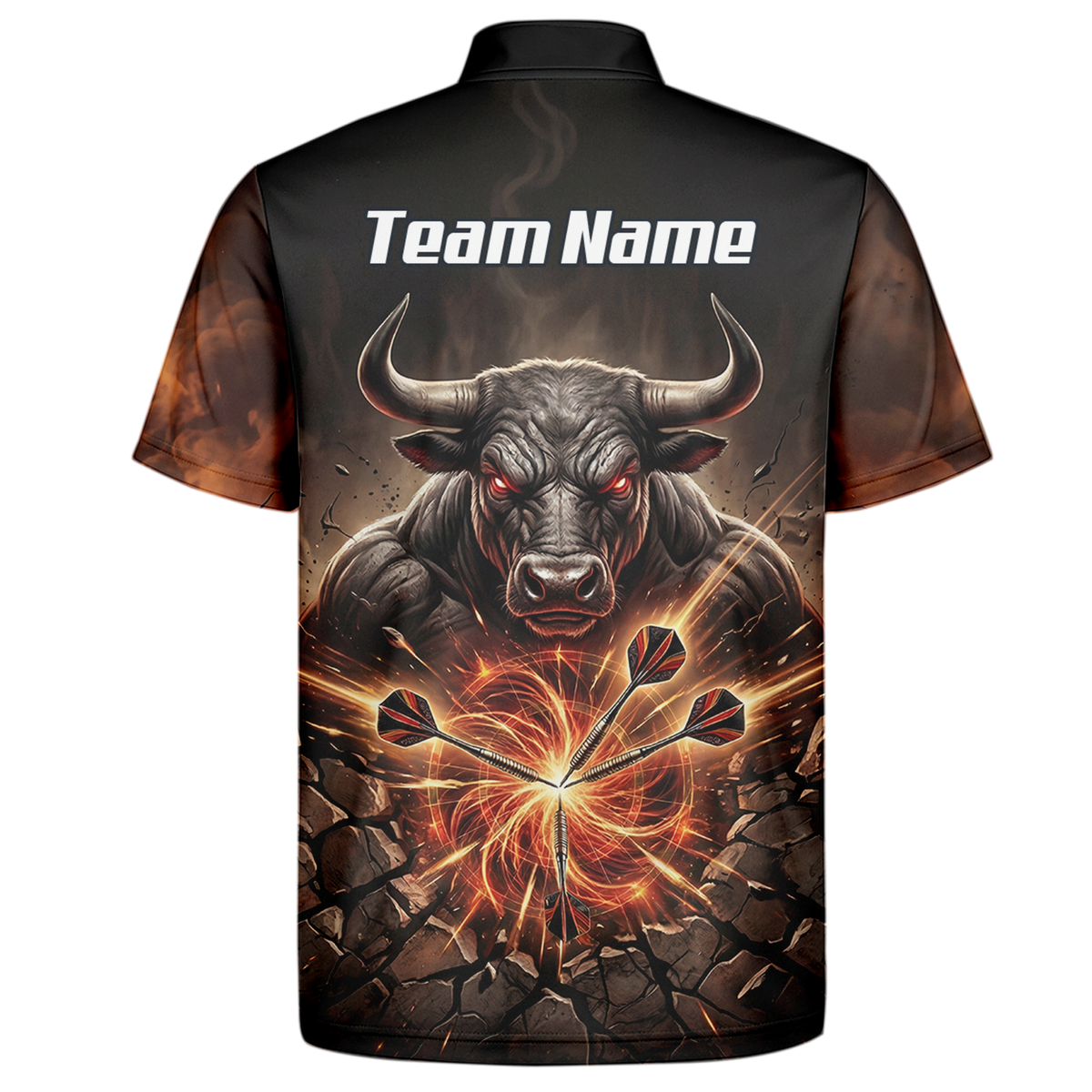 Personalised Men's Dart Jersey Custom Name Team Shirt Angry Bull Fire Flame Black Orange Polo Shirt Y4522