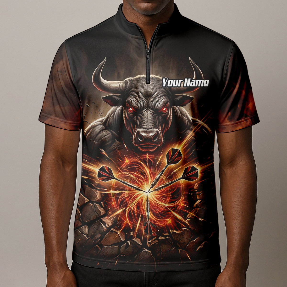 Personalised Men's Dart Jersey Custom Name Team Shirt Angry Bull Fire Flame Black Orange Polo Shirt Y4522