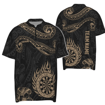 Men's Dart Jersey Y732 - Personalized Golden Hawaiian Tribal Flame Design, 1/4 Zip Shirt Y732