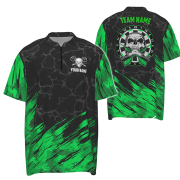3D Skull Darts Quarter Zip Shirt for Men in Green and Black, Dart Jerseys t6853