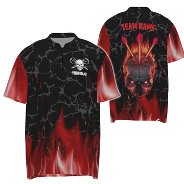 Scary Skull Dart 1/4 Zip Shirt for Men - Unique Dart Shirt with Red Flames Design - Cool Dart Jerseys K298