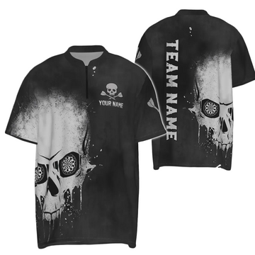 Black and White Dart Quarter-Zip Shirt with Smoke Skull Design, Men's Dart Shirt, Scary Dart Jerseys S589