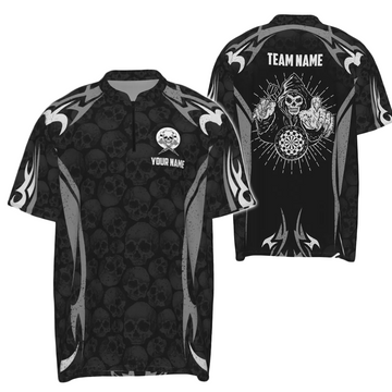 Black Grey Darts Skull Reaper 1/4 Zip Shirt - Men's Darts Jersey T6890