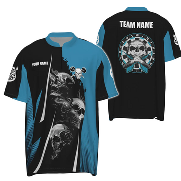 Men's Darts Quarter-Zip Shirt with Skull Design - Black and Blue Dart Jersey J898