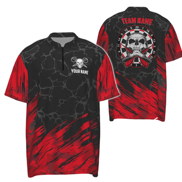 3D Skull Darts Quarter Zip Shirt in Red and Black, Men's Dart Jerseys H6162