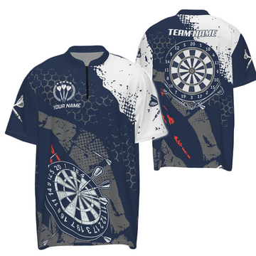 Retro Men's Darts Quarter Shirt with Navy Blue and White Pattern - Perfect Dart Team Jersey W767